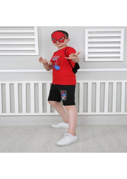 Erkek Çocuk Kırmızı Spiderman Çantalı Maskeli Dörtlü Takım