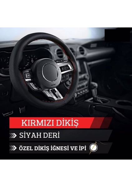 Fort Focus 2005-2010 Uyumlu Deri Direksiyon Kılıfı, Dikmeli Kırmızı Dikişli