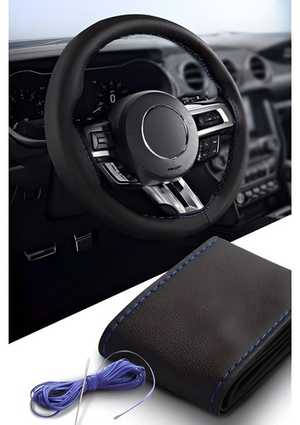 Volkswagen Caddy 2004-2010 Uyumlu Deri Direksiyon Kılıfı, Dikmeli Mavi Dikişli