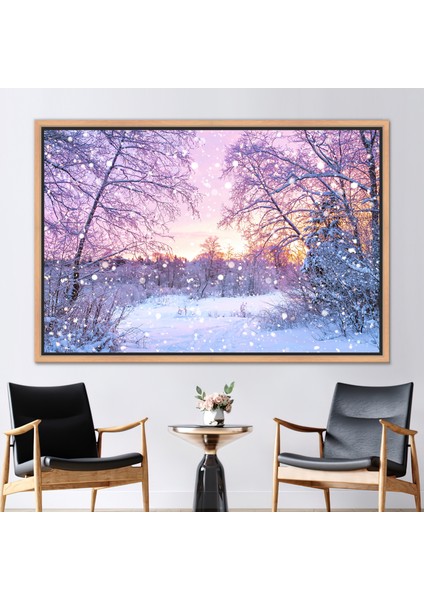 1 Parça Naturel Çerçeveli Kanvas Tablo, Kar Manzarası, Manzara Kanvas Poster, Kar Kanvas Poster,