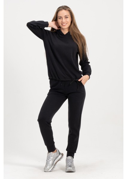 Kadın Kapüşonlu Siyah Sweatshirt ve Eşofman Takımı Scuba Kumaşı