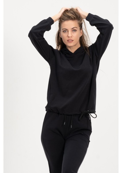 Kadın Kapüşonlu Siyah Sweatshirt ve Eşofman Takımı Scuba Kumaşı