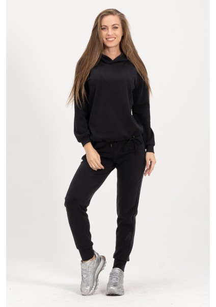 Kadın Kapüşonlu Siyah Sweatshirt ve Eşofman Takımı Scuba Kumaşı