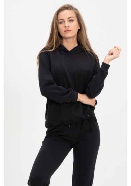 Kadın Kapüşonlu Siyah Sweatshirt ve Eşofman Takımı Scuba Kumaşı