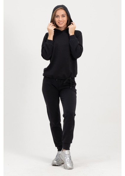 Kadın Kapüşonlu Siyah Sweatshirt ve Eşofman Takımı Scuba Kumaşı
