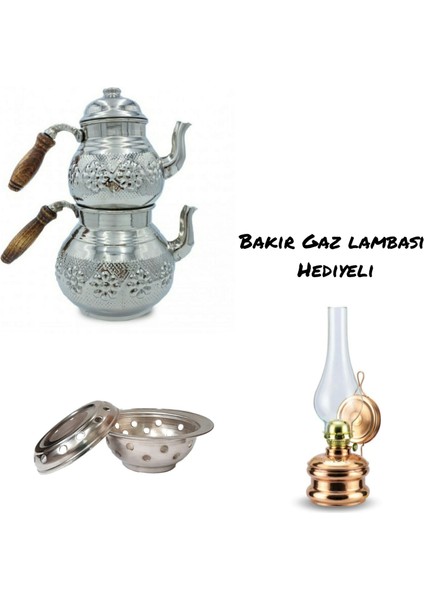 Bakır Gümüş Kaplama Osmanlı Ocakli Aile Boyu Çaydanlık Takımı , Gaz Lambası Hediyeli