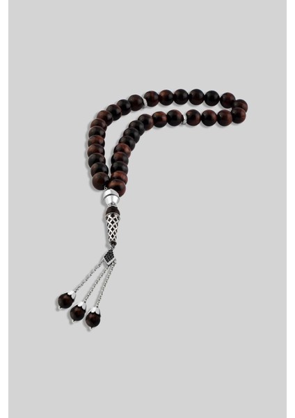 Kırmızı Kaplan Gözü Taşlı 18 Ayar Beyaz Altın Kaplama Gümüş Tespih