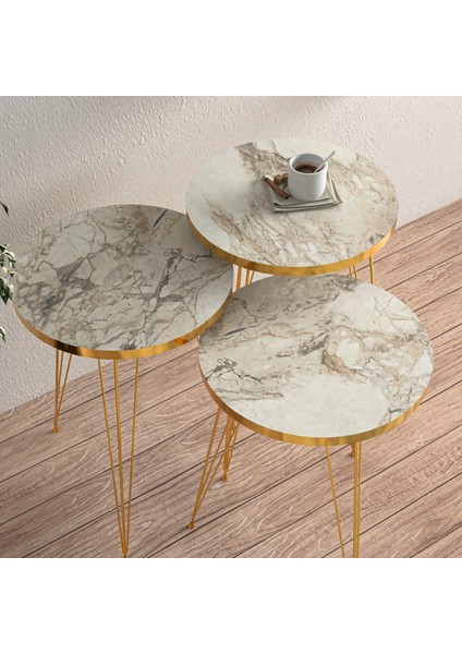 Efes Gold Metal Ayaklı Gold Detaylı 3 Lü Zigon Sehpa Yuvarlak modelleri