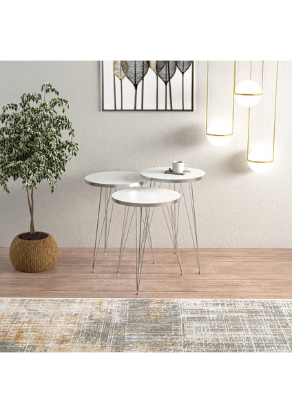 Beyaz Gümüş Metal Ayaklı Gümüş Detaylı 3 Lü Zigon Sehpa Yuvarlak