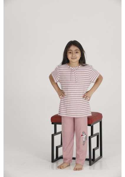Kız Çocuk Code Kumaş Kısa Kol Pijama Takımı. T-43057 - Pembe - 7-9 Yaş