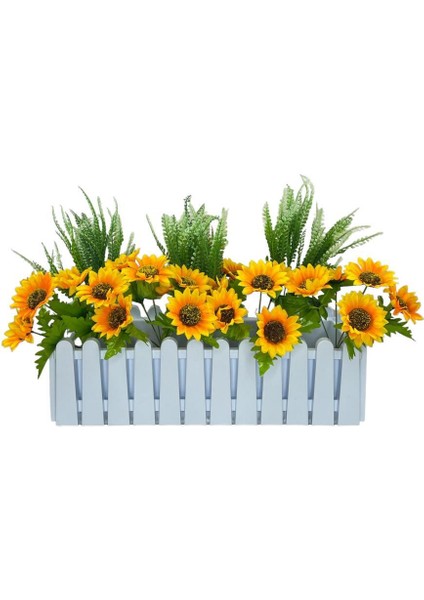 Yapay Çiçek Beyaz Çit Balkon Saksısı Ay Çiçekli 55*20CM