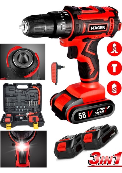 58V 6 Ah 3in 1 Darbeli Setli Çantalı Akülü Şarjlı Metal Şanzıman Matkap 3in1