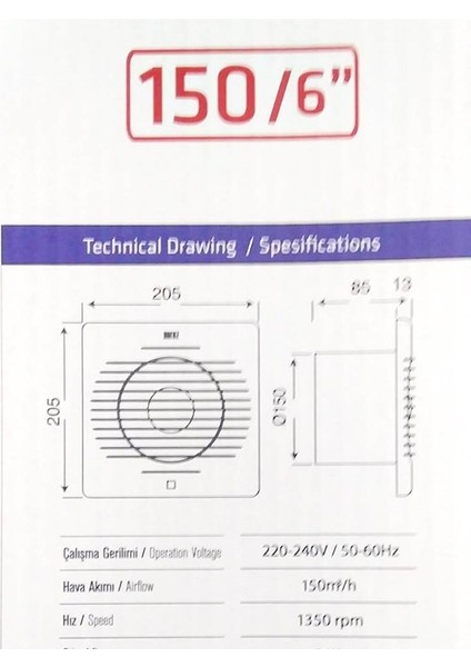 Elektrik 150 Lik Banyo-Wc ve Mutfak Aspiratörü Havalandırma Fanı 20W 20,5 cm