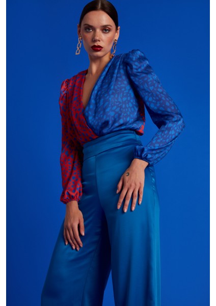 Sateen Kruvaze Desenli Bodysuit - Oranj-Sax Mavi
