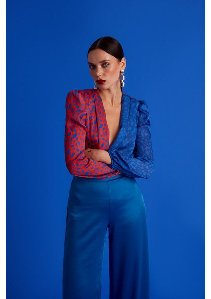 Sateen Kruvaze Desenli Bodysuit - Oranj-Sax Mavi