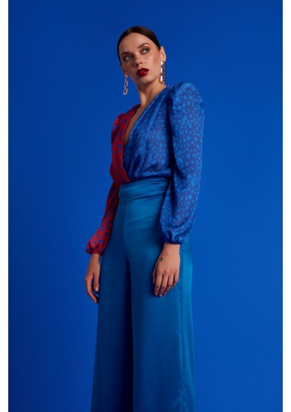 Sateen Kruvaze Desenli Bodysuit - Oranj-Sax Mavi