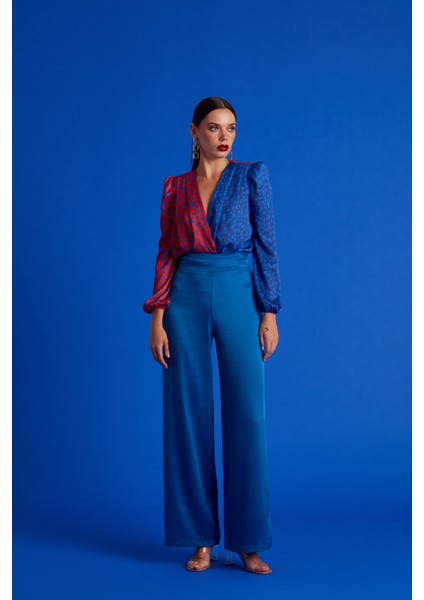 Sateen Kruvaze Desenli Bodysuit - Oranj-Sax Mavi