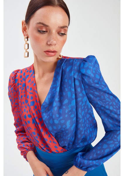 Sateen Kruvaze Desenli Bodysuit - Oranj-Sax Mavi