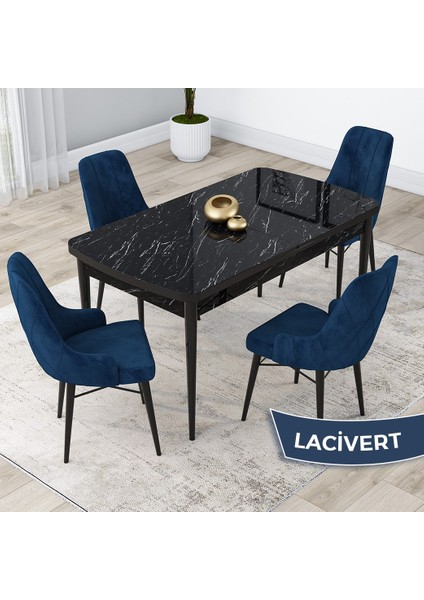 Concept Kar Serisi, 80X132 Açılabilir Mdf Mutfak Masa Takımı, Siyah Mermer Desen Masa 4 Sandalye