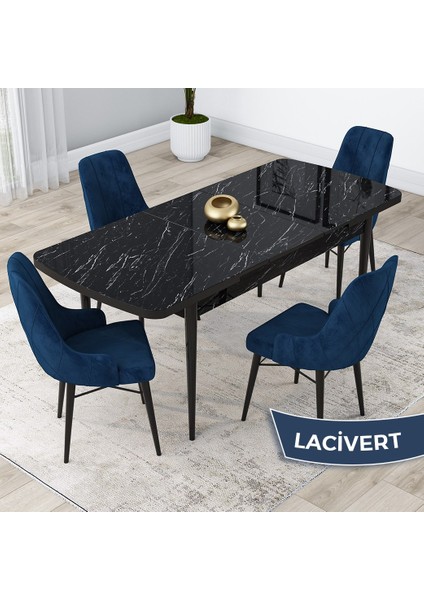 Concept Kar Serisi, 80X132 Açılabilir Mdf Mutfak Masa Takımı, Siyah Mermer Desen Masa 4 Sandalye