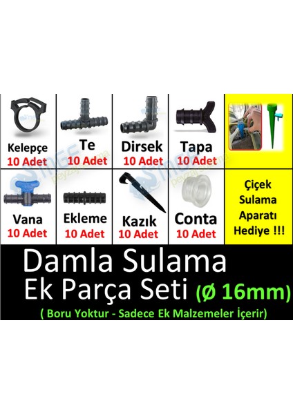 Mgf Damlama Sulama Ek Parçaları Aparatları Karışık Set/te+Dirsek+Conta+Vana+Kelepçe+Nipel+Tapa+Kazık x 10 Adet