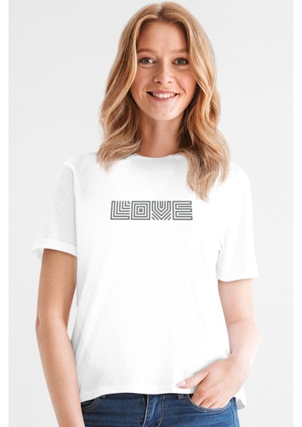 Karede Sevgi Beyaz Kısa Kollu Ön ve Arka Baskılı Kadın T-Shirt fiyatları