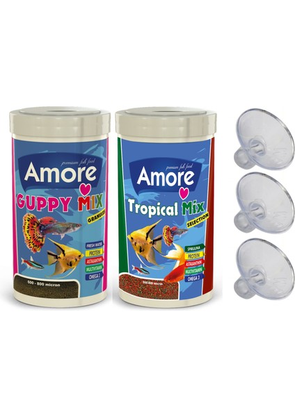 Guppy Tropikal Mix Granules 2X250ML Akvaryum Balık Yemi ve Hava Hortumu Vantuzu