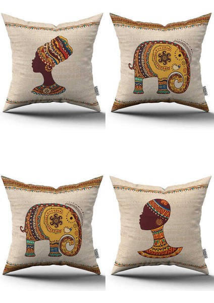 Krem Etnik Afrika Figürlü Fil Desenli Dijital Baskılı Kırlent Yastık Kılıfı Seti 4KMBS302