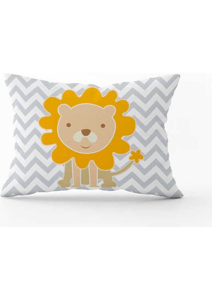 Sarı Gri Aslan Figürlü Dijital Baskılı Çocuk Kırlent Kılıfı CGH781-3550 Çift Tarafı Baskılı