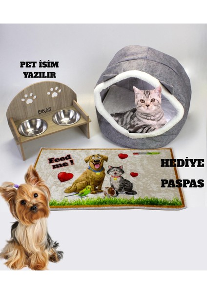 Alas Gri Keçe Kedi ve Köpek Evi Yatağı-Mama Kabı 2 Kaseli Kedi-Köpek Suluk,mamalık Paspas Seti