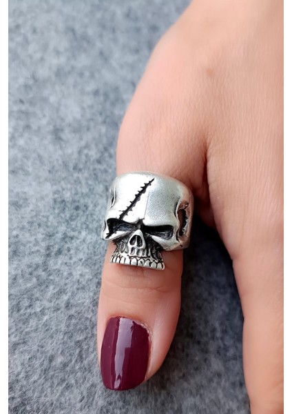 Dikişli Kuru Kafa Şekilli Gümüş Kaplama Ayarlanabilir Erkek Yüzük El Yapımı Gotik Yüzük fırsatları