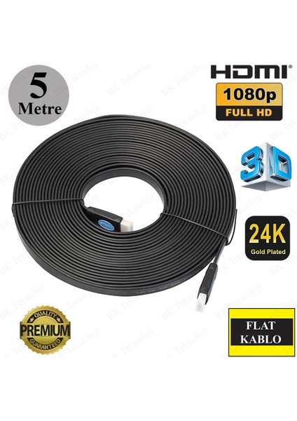 Yüksek Kalite Full Hd 1080P Flat-Yassı HDMI Kablo 5 Metre