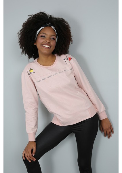 Baskılı Taşlanmış Deri Görünümlü Sweatshirt
