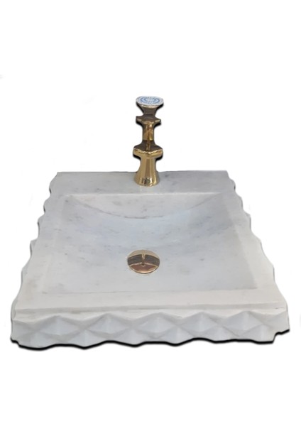 Beyaz Mermer Piramit Dizayn Kare Lavabo - Batarya Çıkışlı