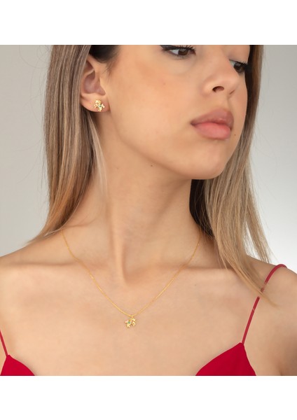 925 Ayar Gümüş Taşlı Unicorn Kolye Küpe Set ( Altın )