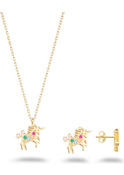 925 Ayar Gümüş Taşlı Unicorn Kolye Küpe Set ( Altın ) fiyatları