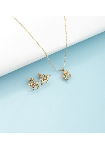 925 Ayar Gümüş Taşlı Unicorn Kolye Küpe Set ( Altın ) modelleri