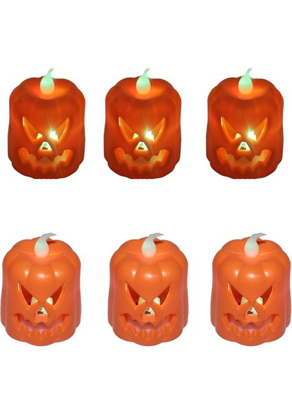 6 Adet Halloween Işıklı Gülen Yüz Balkabağı Pilli LED Dekor Mumu Işığı 7 cm