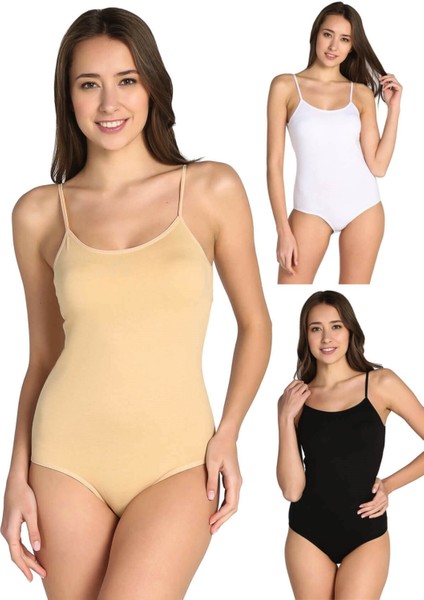 3'lü Paket Likralı Ip Askılı Zıbın Bayan Çıtçıtlı Body