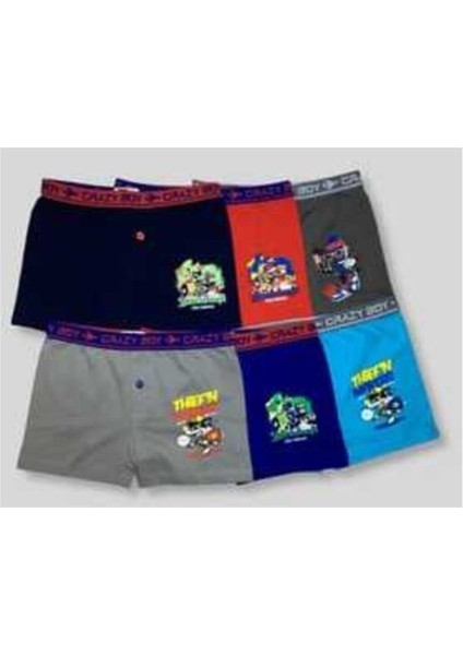 Çok Renkli Erkek Çocuk Boxer Elastan Pamuk Baskılı 6'lı Paket Eğlenceli Desenler