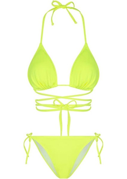 Neon Yeşil Belden Bağcıklı Üçgen Bikini Takımı