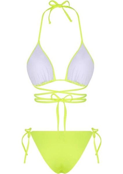 Neon Yeşil Belden Bağcıklı Üçgen Bikini Takımı