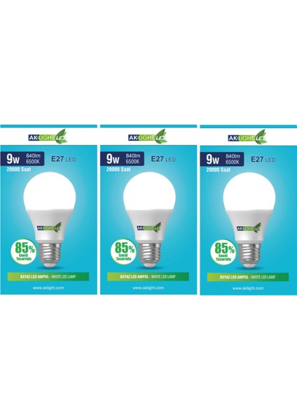 Aklight 9W Beyaz Işık E-27 LED Ampul 840 Lm 3 Lü Paket