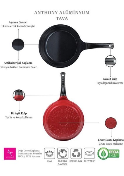 Anthony Alüminyum Kızartma Tavası 28CM Kırmızı indirimleri