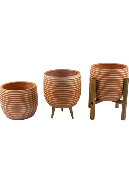 Ev Dekorasyon Yan Çizgi Desenli Toprak Saksı Saksılık Salon Çiçeklik Üçlü Set - 19 CM