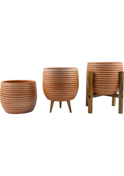 Ev Dekorasyon Yan Çizgi Desenli Toprak Saksı Saksılık Salon Çiçeklik Üçlü Set - 19 CM fiyatları