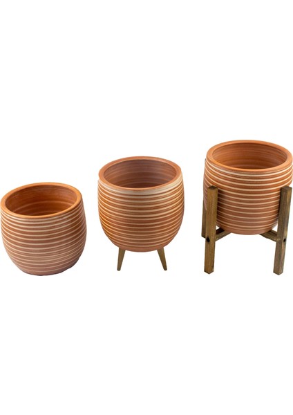 Ev Dekorasyon Yan Çizgi Desenli Toprak Saksı Saksılık Salon Çiçeklik Üçlü Set - 19 CM modelleri