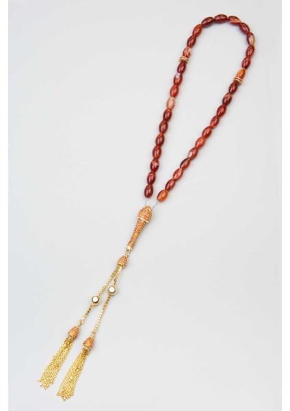 Akik Taşlı 18 Ayar Sarı Altın Kaplama 28 cm Gümüş Tesbih