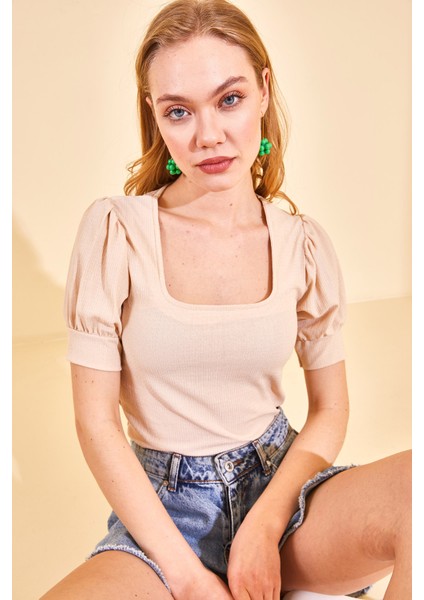 Bej Kare Yaka Dokulu Bluz 2YXK2-46351-25