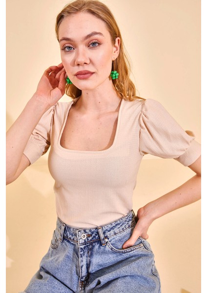 Bej Kare Yaka Dokulu Bluz 2YXK2-46351-25 modelleri